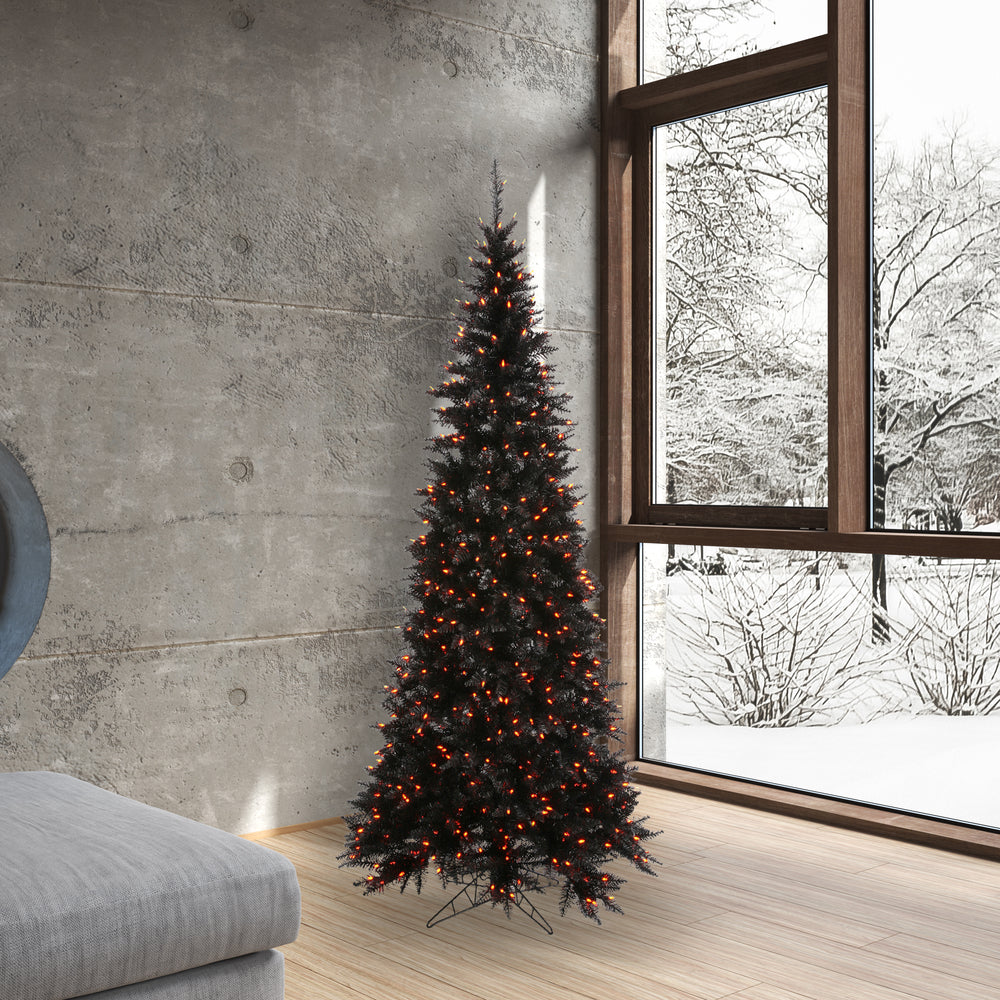 Vickerman 6.5' Black Fir Slim Artificial Christmas Tree Orange Dura-lit LED Lights