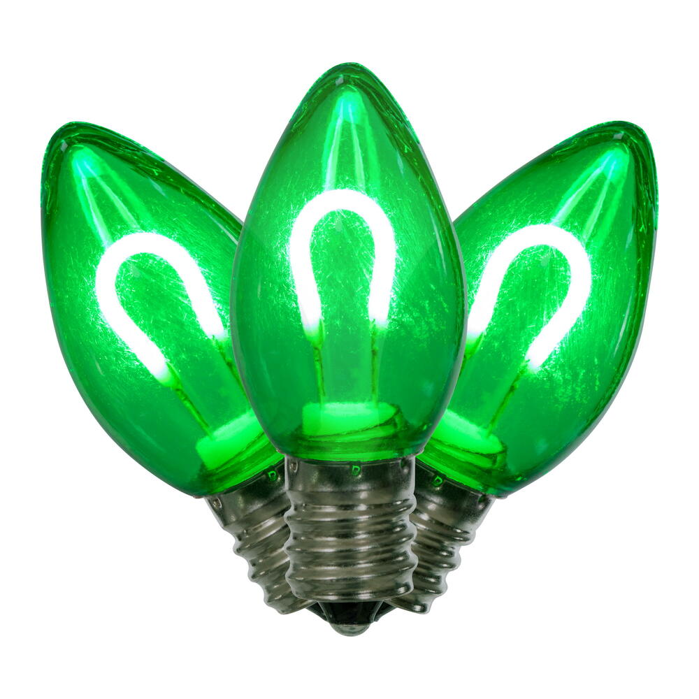 Vickerman C7 Transparent U-Shaped Filament Green Bulb, E12 Base, .6 Watts, 25 Pcs Assorted/Bag. Colors included are Blue, Red, Green, Purple and Amber.