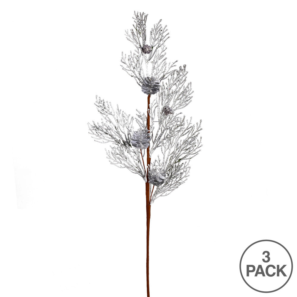 Vickerman 36" Silver Glitter Pine Cone Artificial Christmas Spray. Includes 3 sprays per pack.