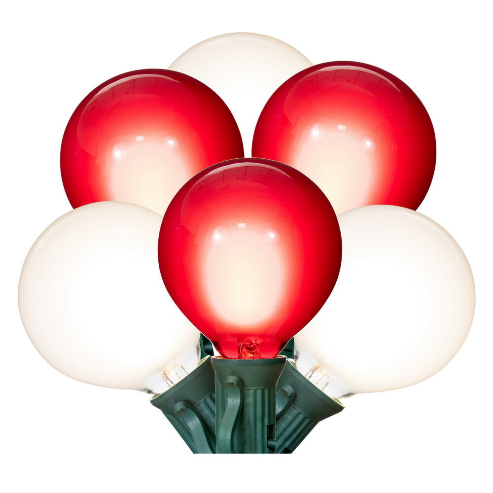 Vickerman 18Lt Red/White LED Glass G40-E12 Filament End-Connecting Set with Green 20AWGXTW Wire and 6"x12"x6" Bulb Spacing. 120V-.6W. UL Approved.