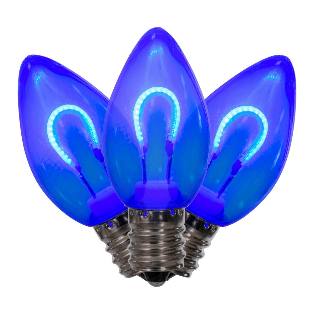 Vickerman C7 Transparent U-Shaped Filament Blue Bulb, E12 Base, .6 Watts, 25 Pcs Assorted/Bag. Colors included are Blue, Red, Green, Purple and Amber.