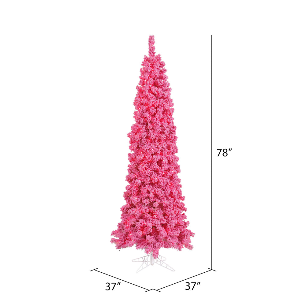 Vickerman 6.5' Flocked Pink Slim Fir Artificial Christmas Tree Pink Dura-lit LED Lights