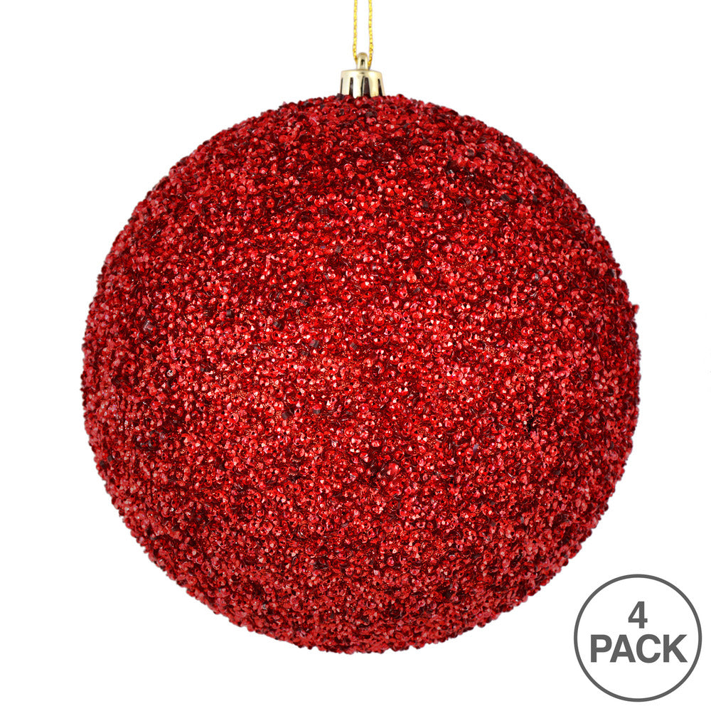 Vickerman 6" Red Beaded Ball Ornament 4 per Bag