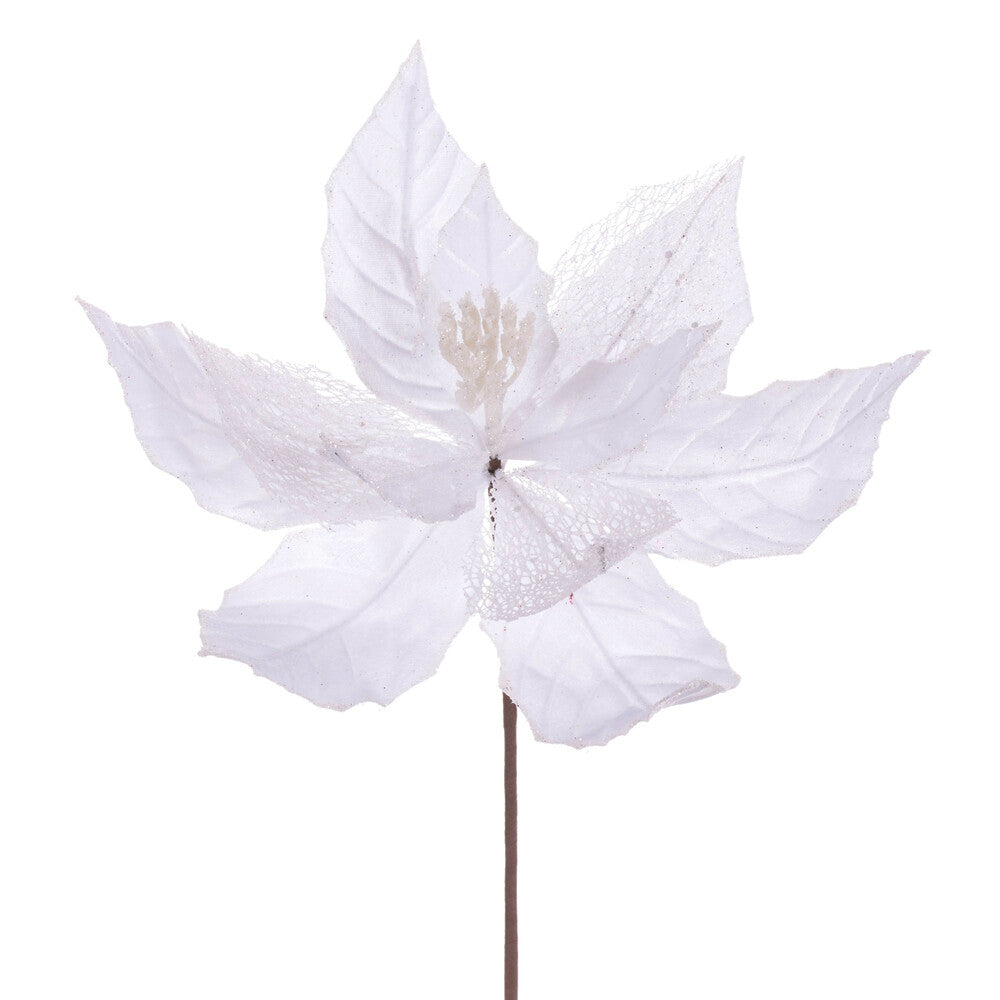 Vickerman 11" white Velvet and Glitter Mesh Poinsettia Flower on Stem 6 per bag.