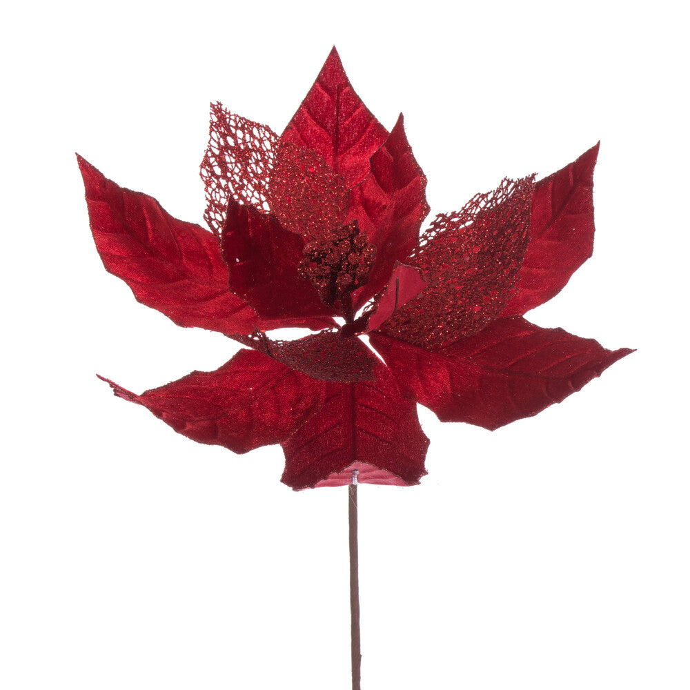 Vickerman 11" Red Velvet and Glitter Mesh Poinsettia Flower on Stem 6 per bag.