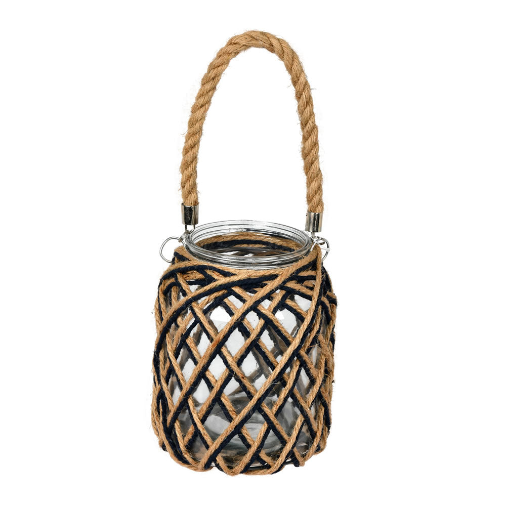 Vickerman 8.5" Glass Jar in Woven Jute Handle. It features a combination of natural and black jute rope woven in a diamond pattern. It featues a natural tone jute handle for easy hanging. It measures 8.5" H x 7.25" W. 70% GLASS 20% JUTE 10% POLYESTER