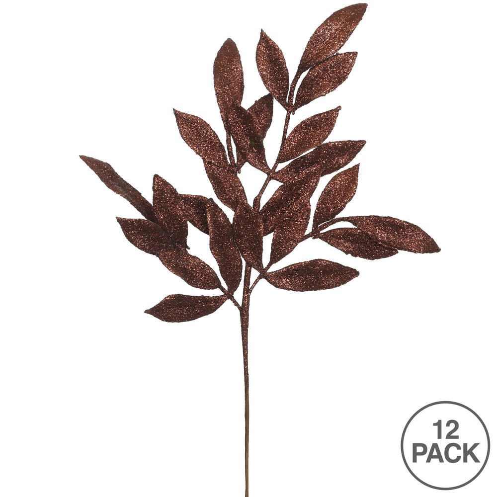 Vickerman 22" Chocolate Glitter BayLeaf Artificial Christmas Spray. Includes 12 sprays per pack.
