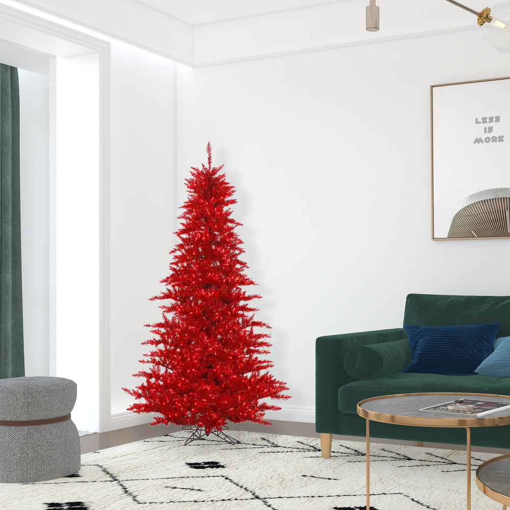 Vickerman 6.5' Tinsel Red Fir Artificial Christmas Tree Red Dura-lit LED Lights