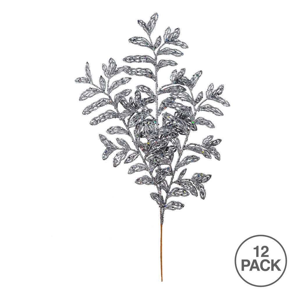Vickerman 22" Gunmetal Bipinnate Glitter Leaf Artificial Christmas Spray. Includes 12 sprays per pack.