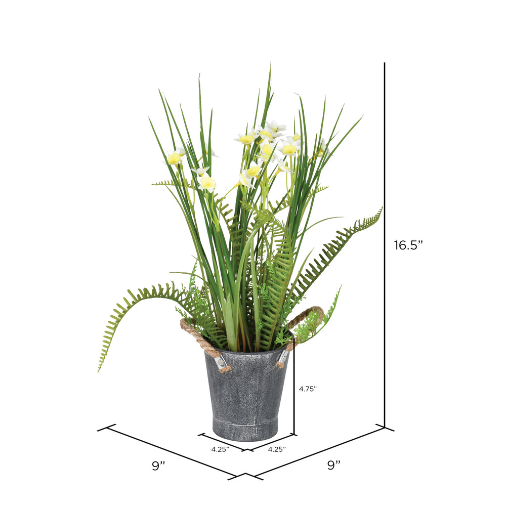 Vickerman 16.5" Artificial Daffodil in Galvanized Pot.
