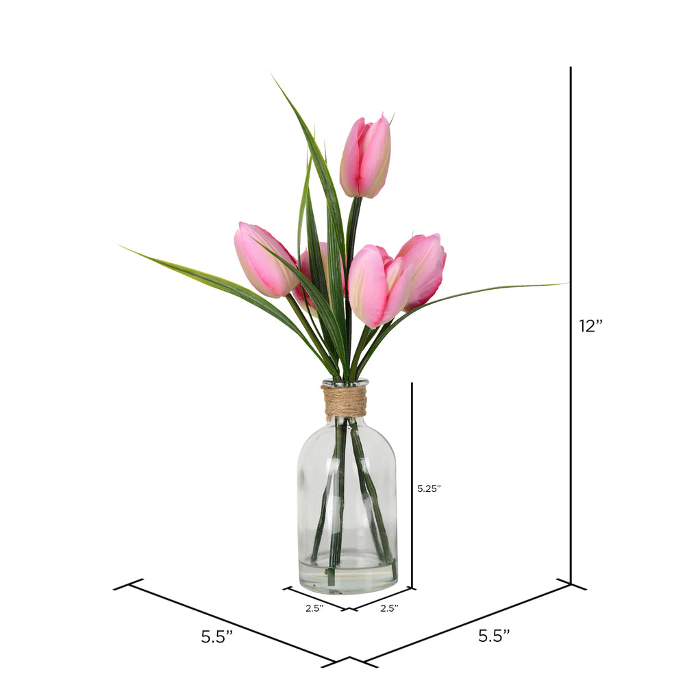 Vickerman 12" Artificial Potted Pink Tulip.