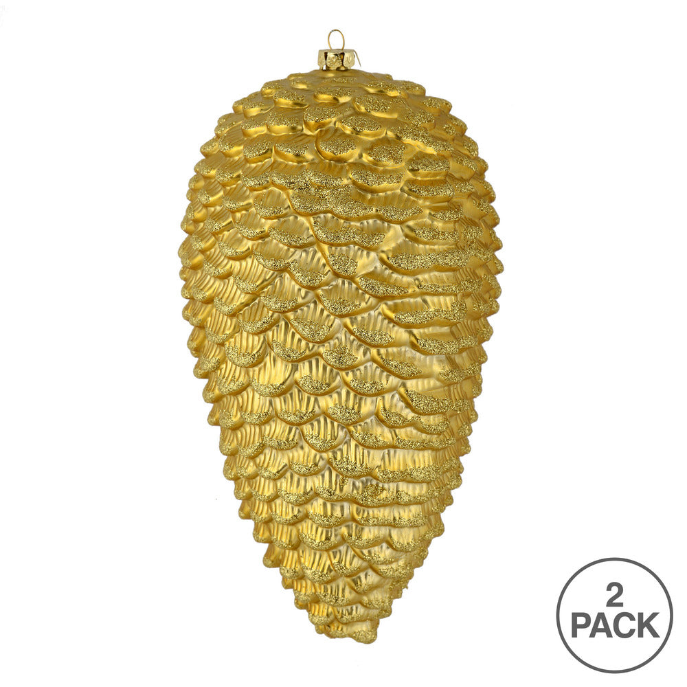Vickerman 10" Gold Matte Glitter Pinecone Christmas Ornament Pack of 2