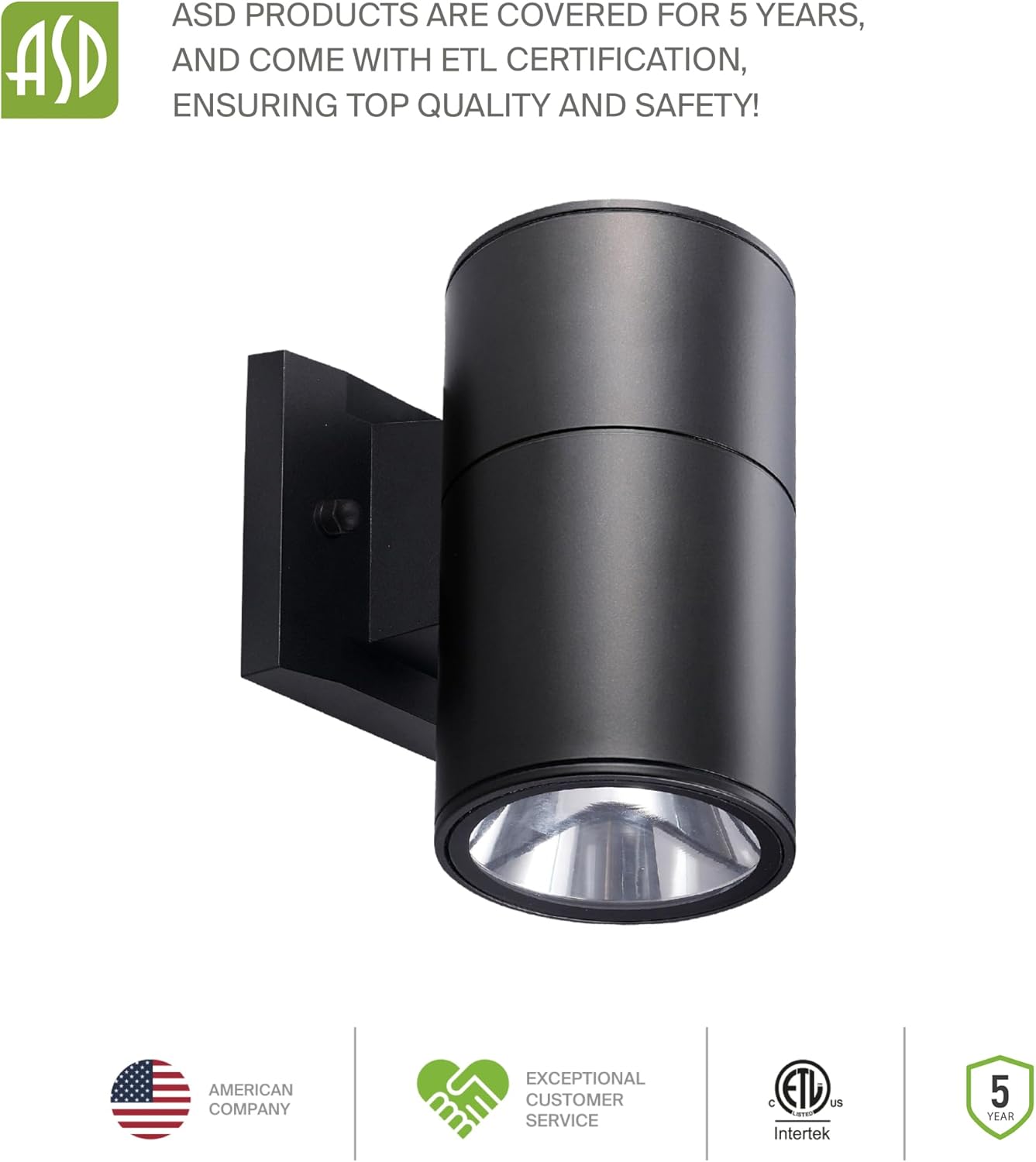 ASD Lighting BULB Round Outdoor Wall Cylinder, Up Or Downlight Fixture, 120V, 6.44Wide, 50°, 60W Max, Black Finish, 2 Pack