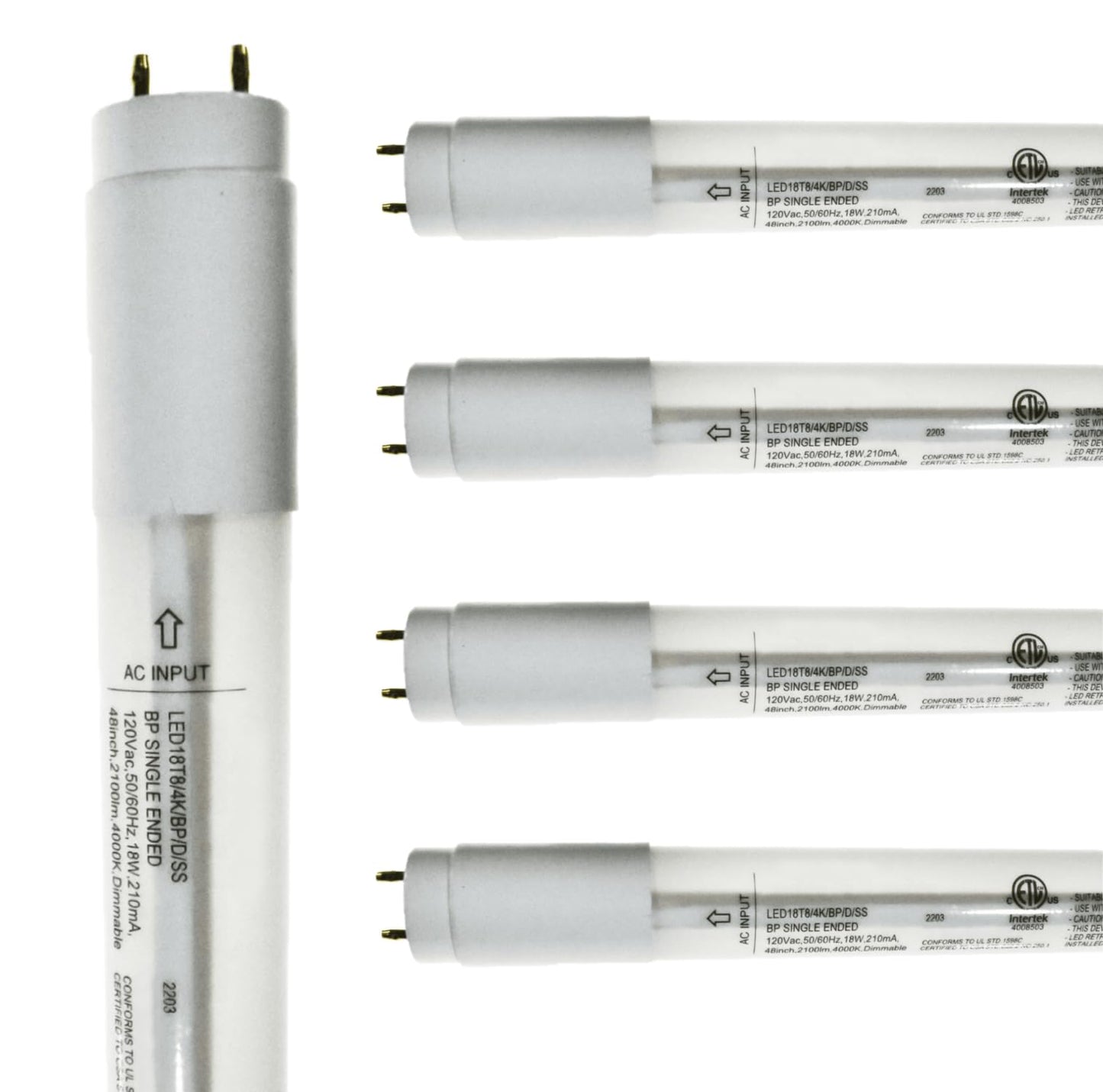 Damar- 4Ft T8 LED Tube Light Bulb Type B Single Ended Ballast Bypass Safety Shielded 18W 2100 Lumens 4000K Cool White Dimmable G13 Bi-Pin Base 120V ETL Listed Pack of 5- Fluorescent Replacement