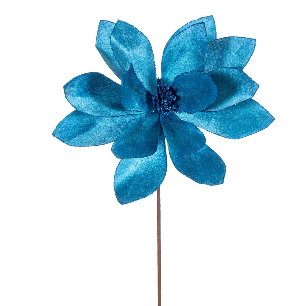 Vickerman 22" Turquoise Velvet Sheen Glitter Trim Poinsettia Stem 4 per bag.