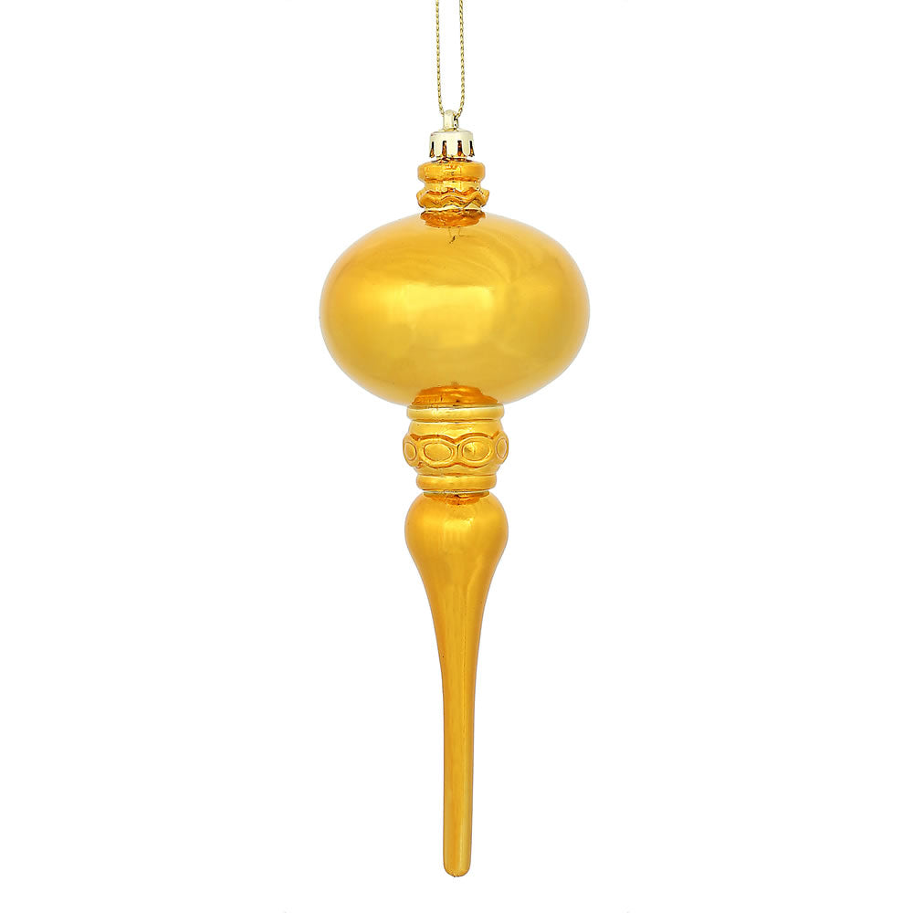 8" x 2.75" Antique Gold Shiny Finial Ornament with drilled and wired caps. Comes 3 per Bag.