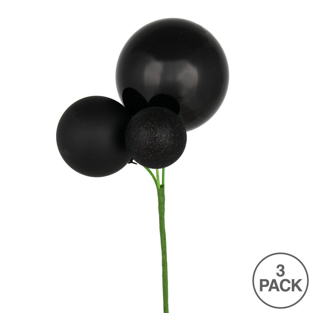 Vickerman 18" Black Ball Ornament Christmas Pick Set of 3