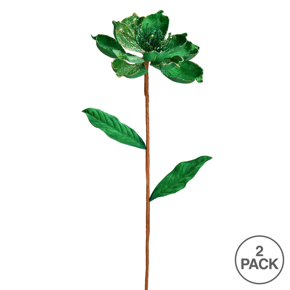 Vickerman 30" Green Glitter Magnolia Artificial Christmas Spray. Includes 2 sprays per pack.