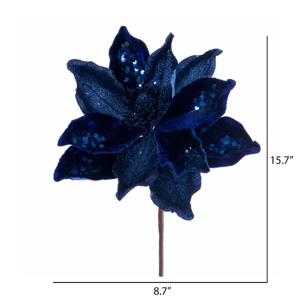 Vickerman 15" Artificial Midnight Blue Deluxe Magnolia Christmas Stem 8" Flower 6 per bag