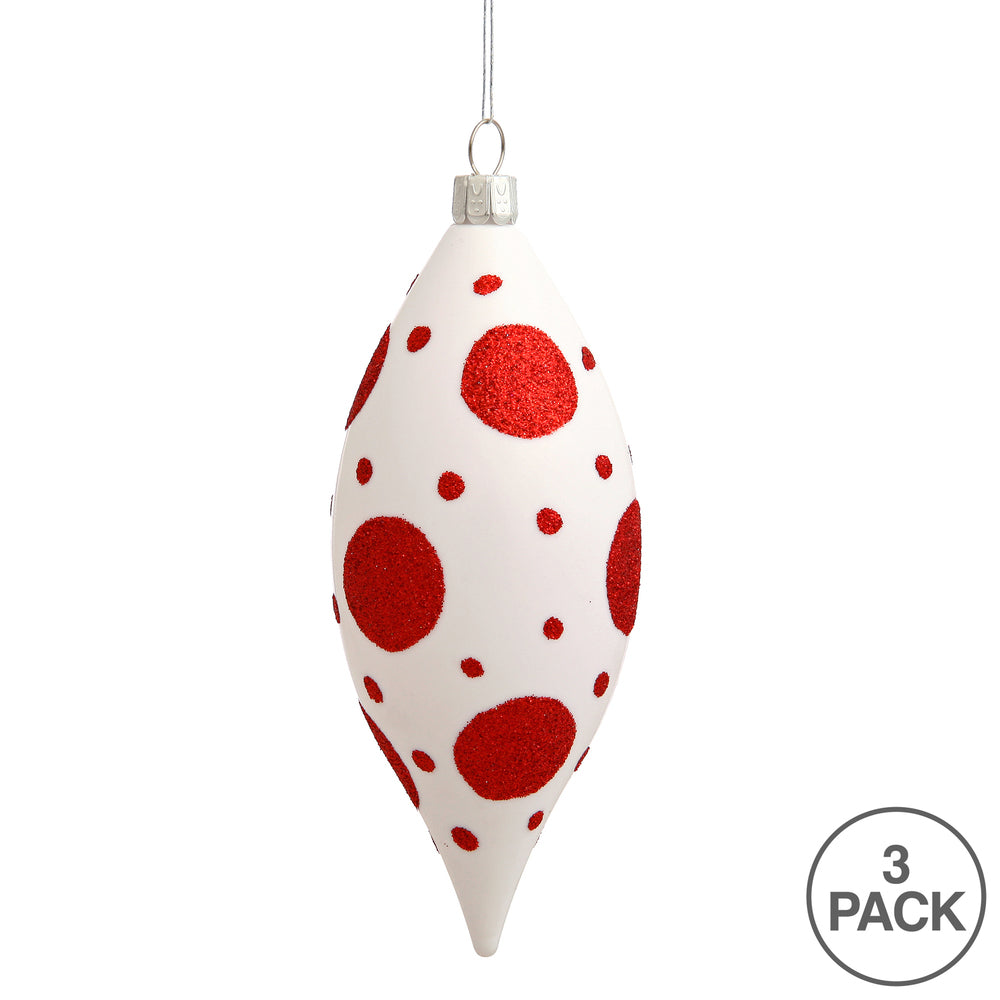 Vickerman 4.75" White-Red Glitter Christmas Ornament Polka Dots Drop Christmas Ornament. 3 per Box