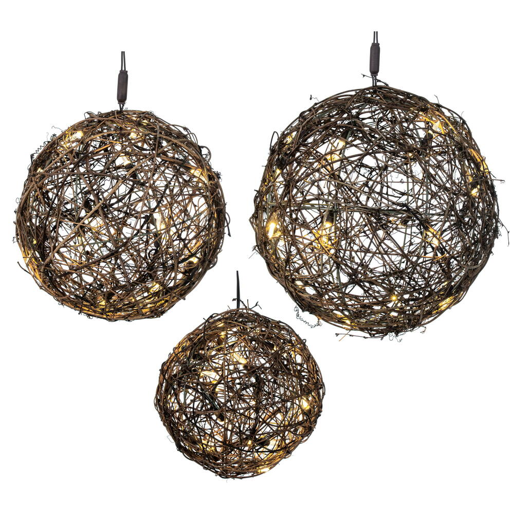 Vickerman 60Lt LED Warm White 3Pc Rattan Ball Set, 20Lt x 8" Ball, 20Lt x 10" Ball, 20Lt x 12" Ball, each with Brown Wire and 6' Lead Cord. UL approved.
Brown shipping Box with Color label.