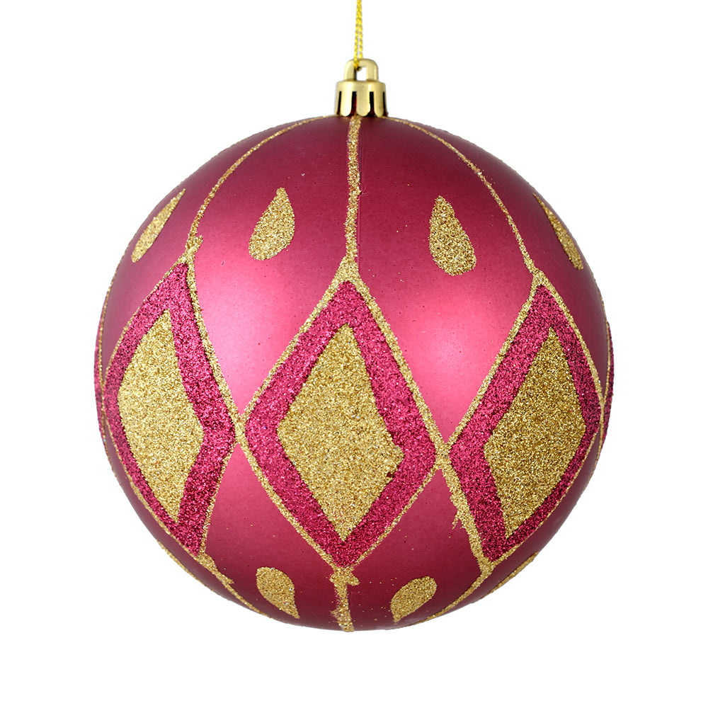 Vickerman 6" Berry Red Matte Ball with Glitter Diamond Pattern. Add variety and sparkle to your holiday arrangement with this matte ornament that features a glitter pattern. Includes 3 pieces per bag. Made with shatterproof plastic. Ornament has a drilled