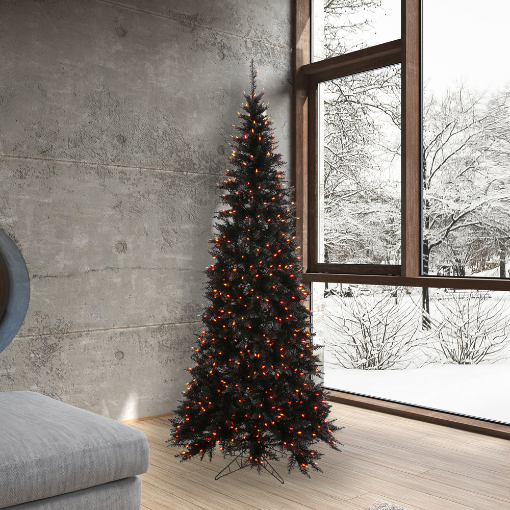 Vickerman 7.5' Black Fir Slim Artificial Christmas Tree Orange Dura-lit LED Lights
