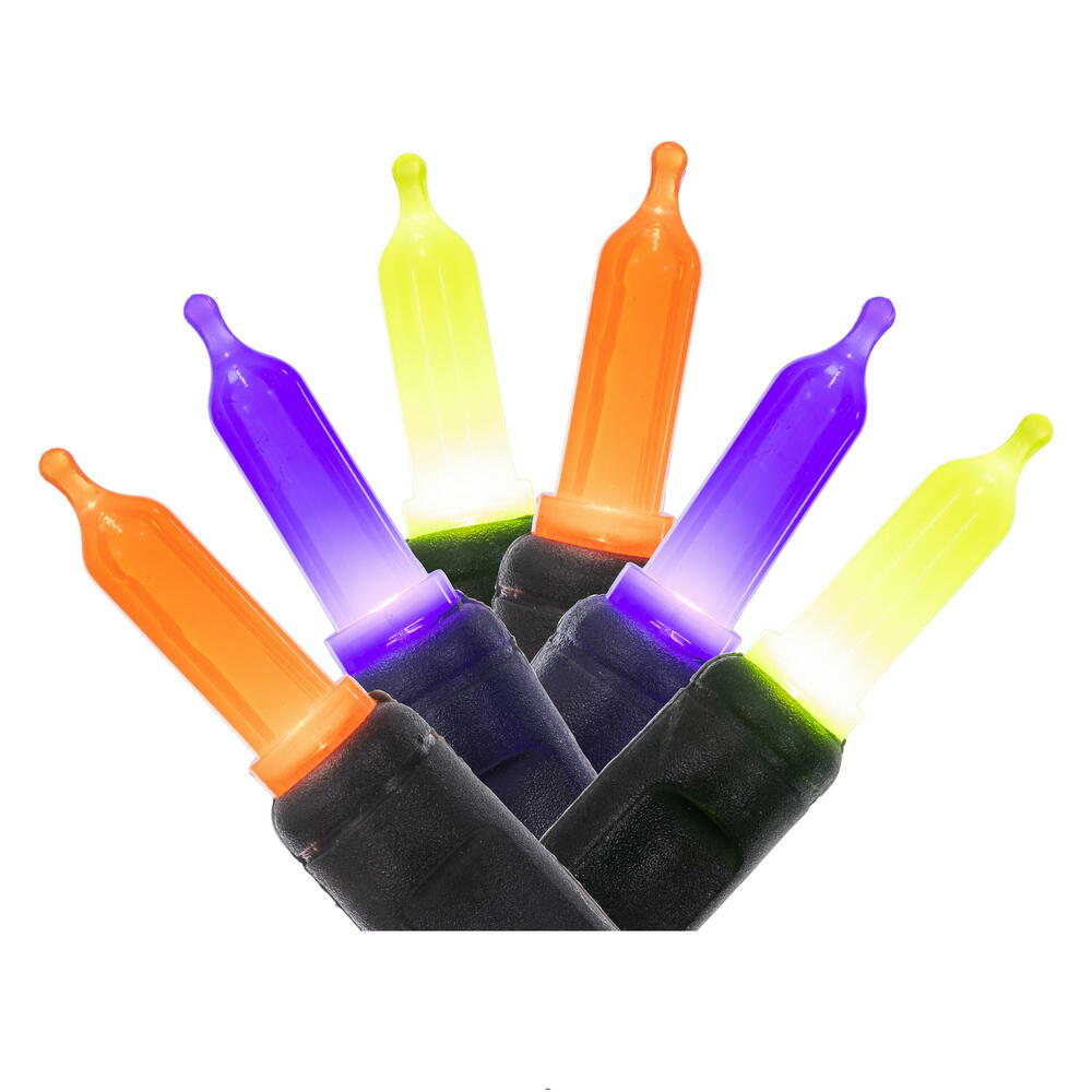 Vickerman 50 Orange-Purple-Lime T5 Mini Single Mold End-Connecting LED Light Set with 22 Gauge Black Wire, 3"x 4"x 3" Spacing, 16' Long Christmas Light Strand. This light set has the ability to connect to as many as 45 sets. 4.8 watts, .04 Amps. Color He
