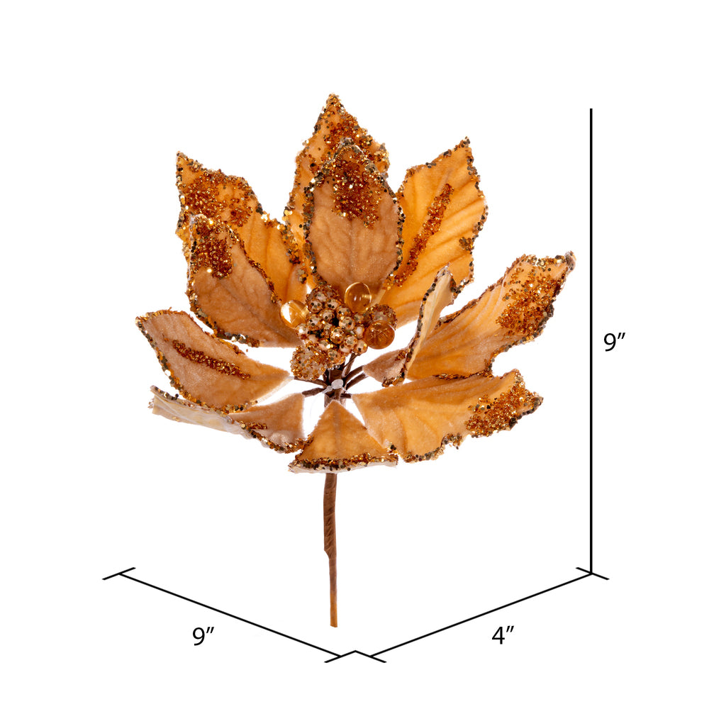 Vickerman 9" Artificial Gold Double Sided Velvet Poinsettia Christmas Pick 2 per bag