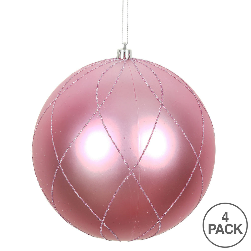 Vickerman 4" Pink Matte and Glitter Swirl Ball Ornament 4 per Box