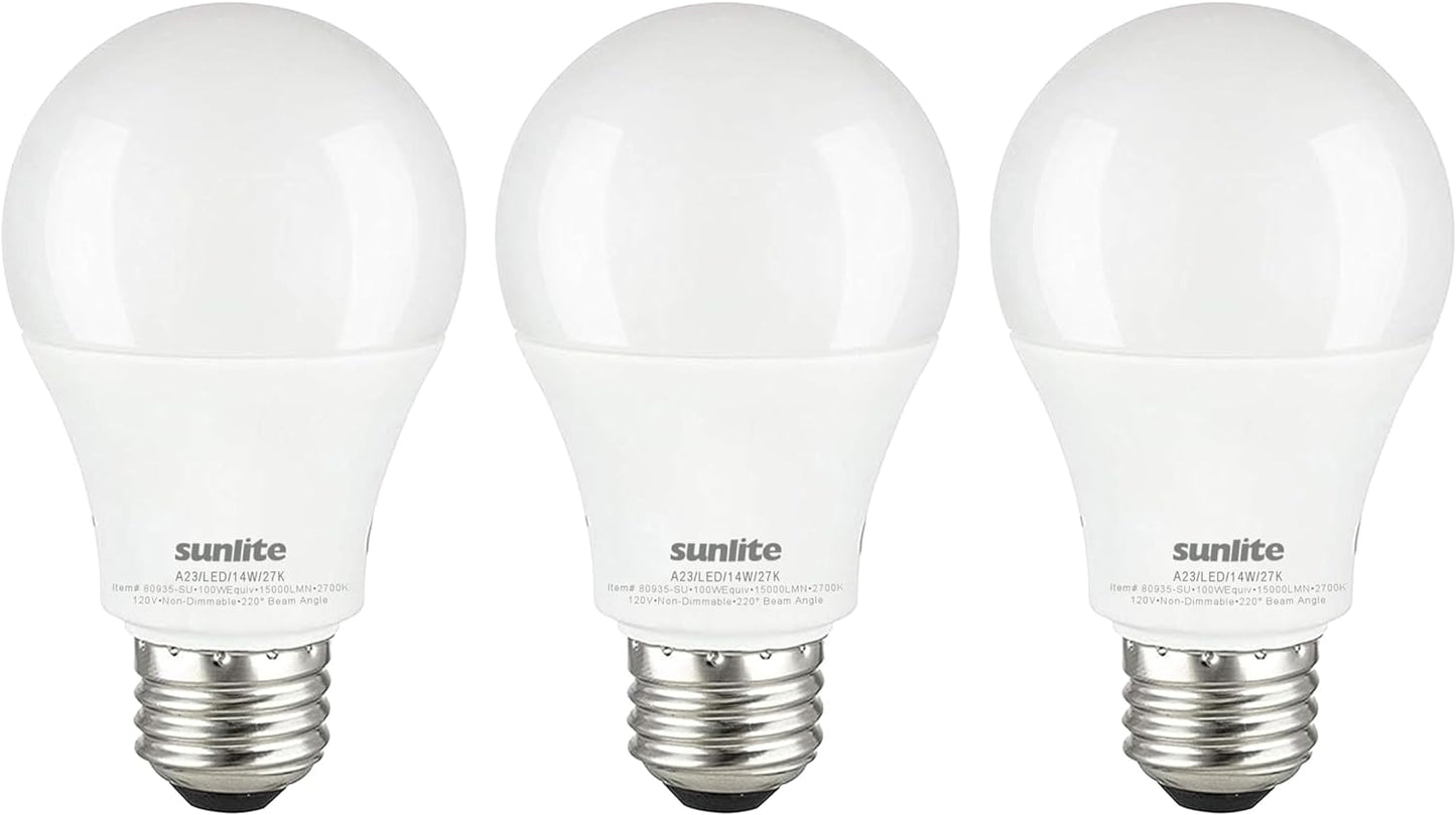Sunlite 80935 LED A19 Light Bulbs, 14 Watts (100W Equivalent), 1500 Lumens, Medium Base (E26), Non-Dimmable, UL Listed, 2700K – Soft White, 3 Pack