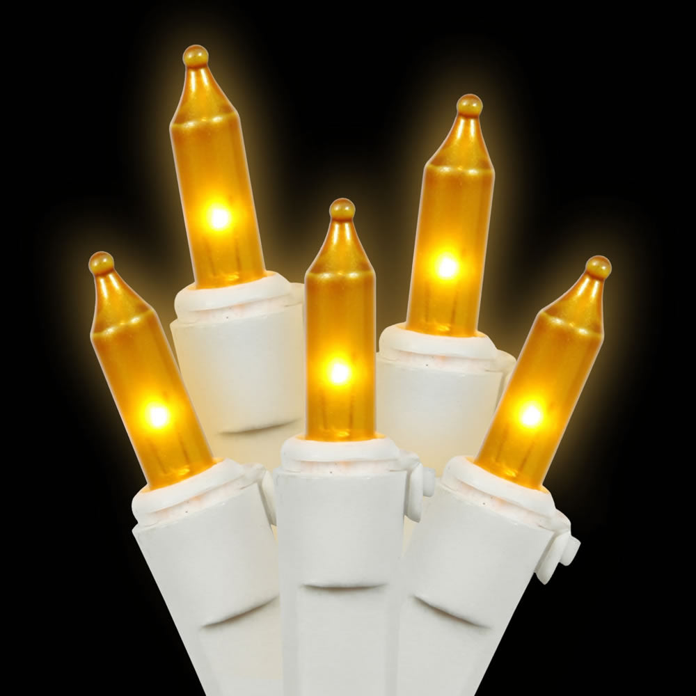 Vickerman 33' Gold Mini Light set 100 bulbs white wire and 4" Bulb Spacing.