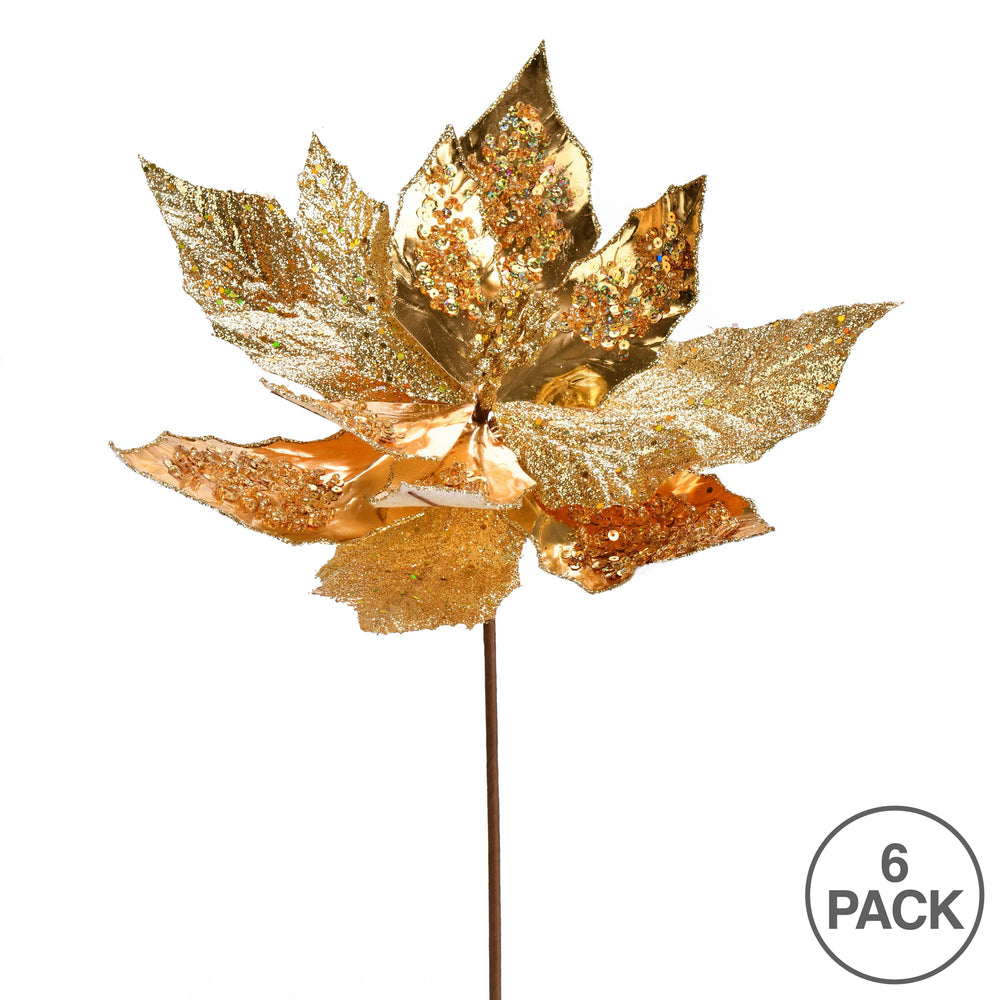Vickerman 13" x 22" Gold Poinsettia Sequin Artificial Christmas Spray. Includes 6 sprays per pack.