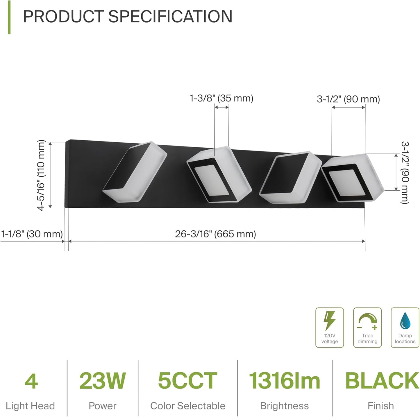 ASD Lighting LED Vanity 4-light 23W 120V with rotatable heads CCT Selectable 2700/3000/4000/5000/6000K Dimmable Black ETL