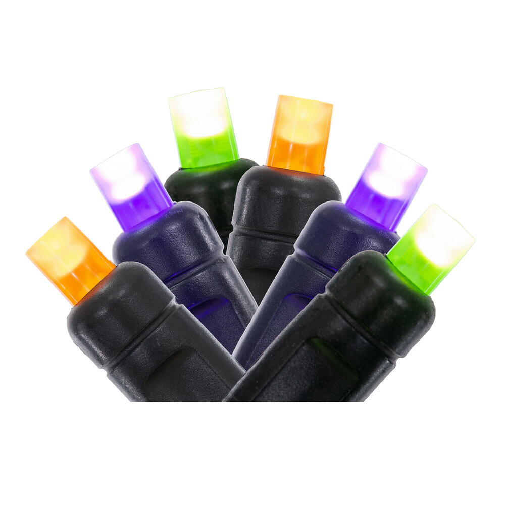 Vickerman 50 Orange-Purple-Lime Wide Angle Single Mold End-Connecting LED Light Set with 22 Gauge Black Wire, 3"x 4"x 3" Spacing, 16' Long Christmas Light Strand. This light set has the ability to connect to as many as 45 sets. 4.8 watts, .04 Amps. Color
