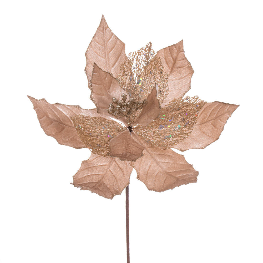 Vickerman 11" Champagne Velvet and Glitter Mesh Poinsettia Flower on Stem 6 per bag.