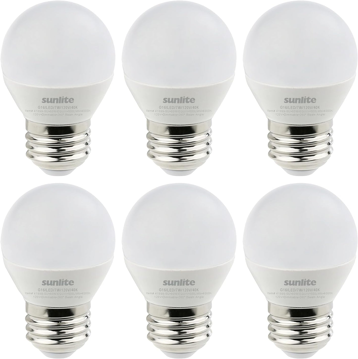 Sunlite 41899 LED G16 Decorative Frosted Globe Light Bulb, 7 Watts (60W Equivalent), 500 Lumens, Dimmable, Medium E26 Base, 120 Volts, ETL Listed, 260 Degree Beam Angle, 4000K Cool White, 6 Pack