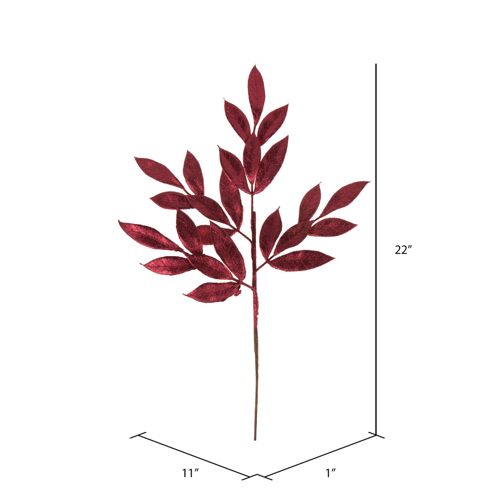 Vickerman 22" Burgundy Glitter BayLeaf Artificial Christmas Spray. Includes 12 sprays per pack.