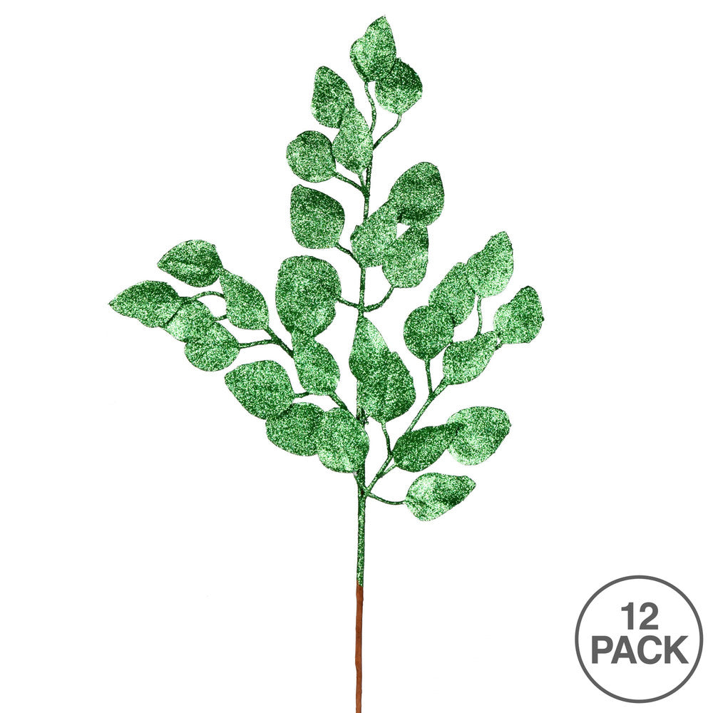 Vickerman 21" Green Glitter Ash Leaf Artificial Christmas Spray. Includes 12 sprays per pack.