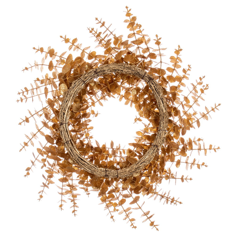 Vickerman 24" Gold Artificial Eucalyptus Glitter Wreath.
