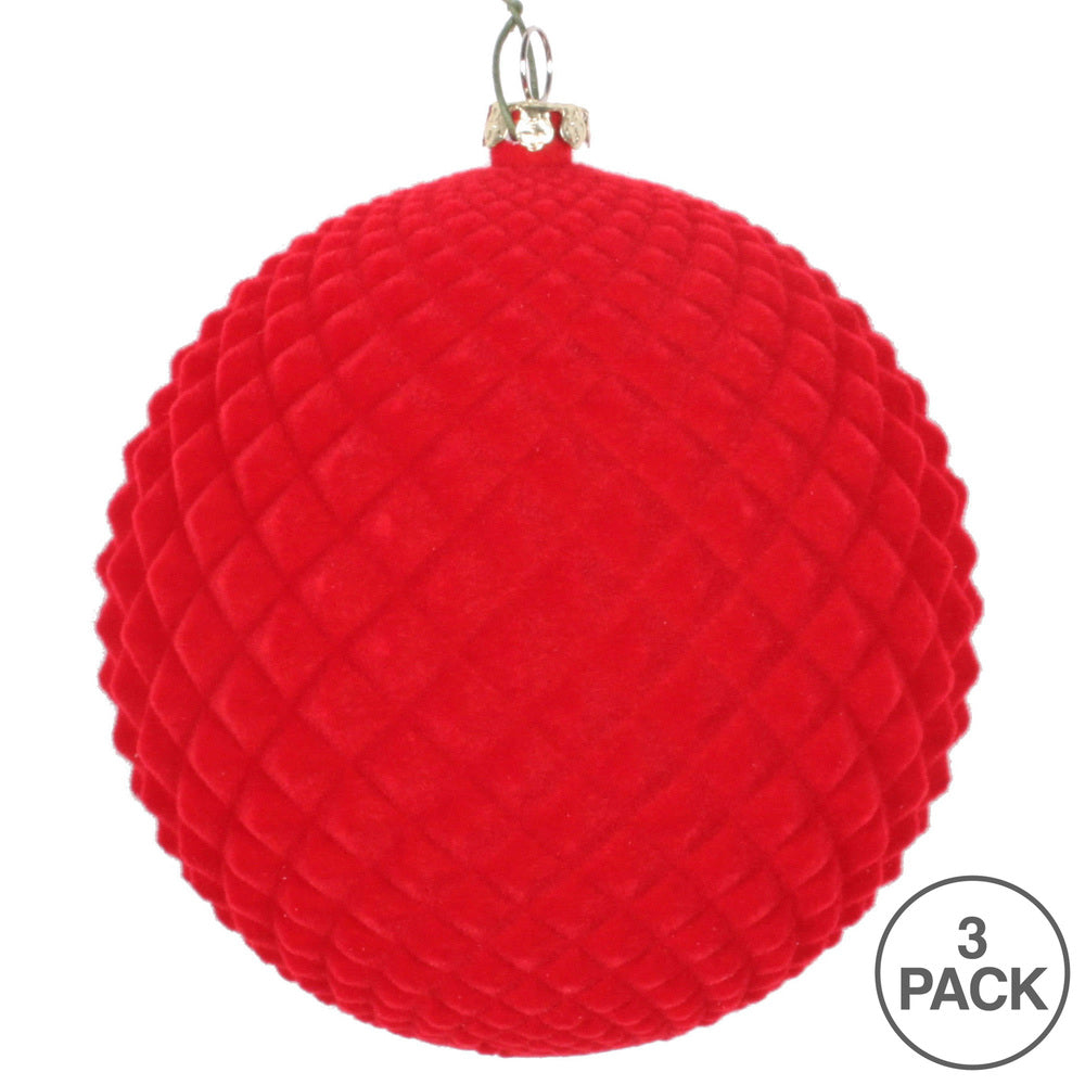 Vickerman 4" Red Flocked Durian Ball Ornament 3 per Bag