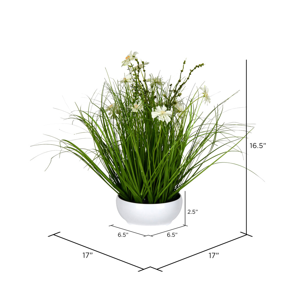 Vickerman 16.5" Artificial Potted Cream Cosmos and Green Grass.