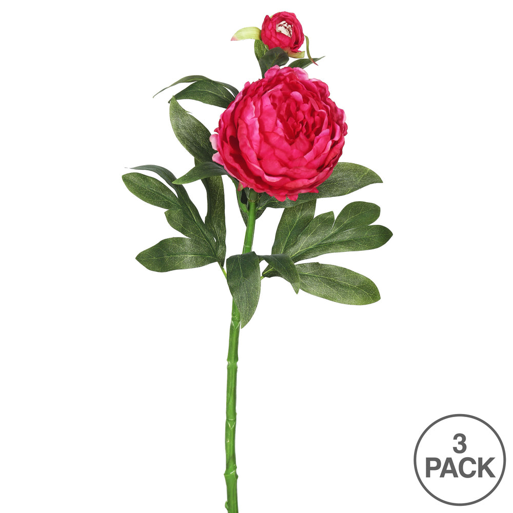 Vickerman 24" Artificial Hot Pink Peony Stem Set of 3