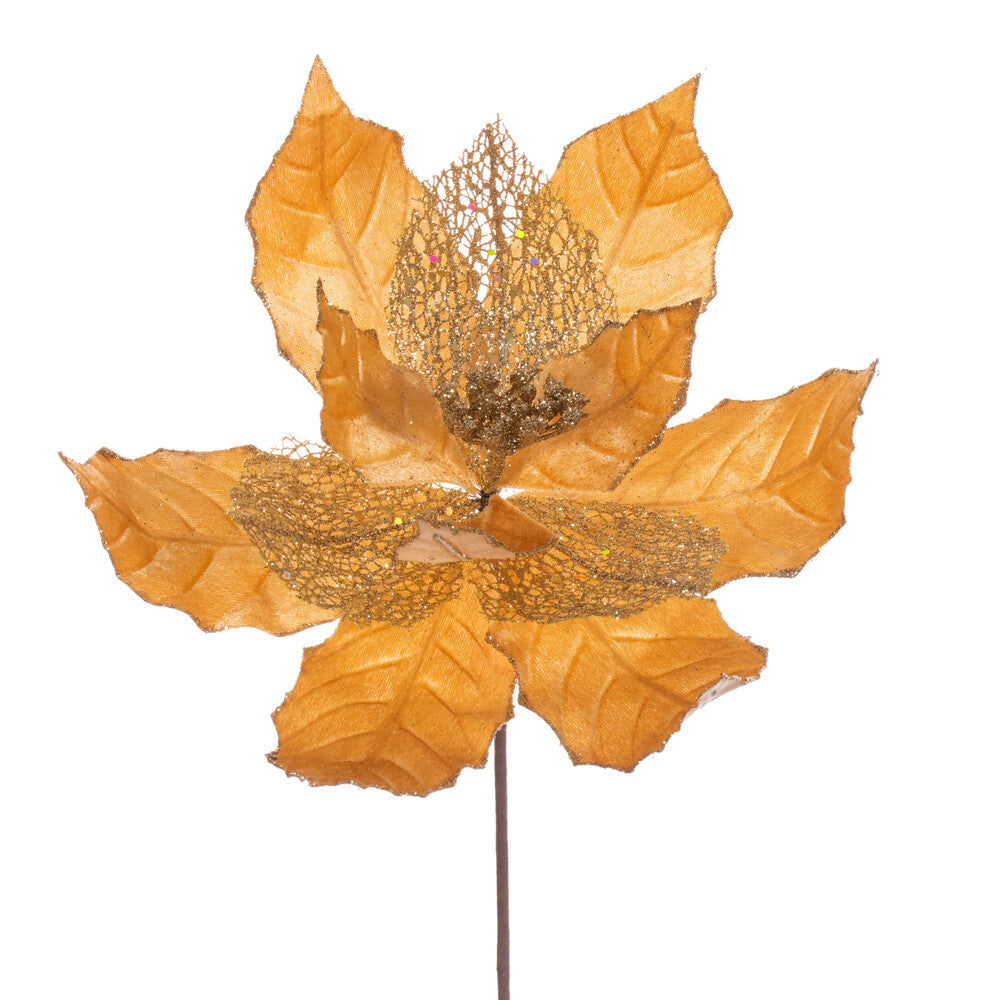 Vickerman 11" Gold Velvet and Glitter Mesh Poinsettia Flower on Stem 6 per bag.