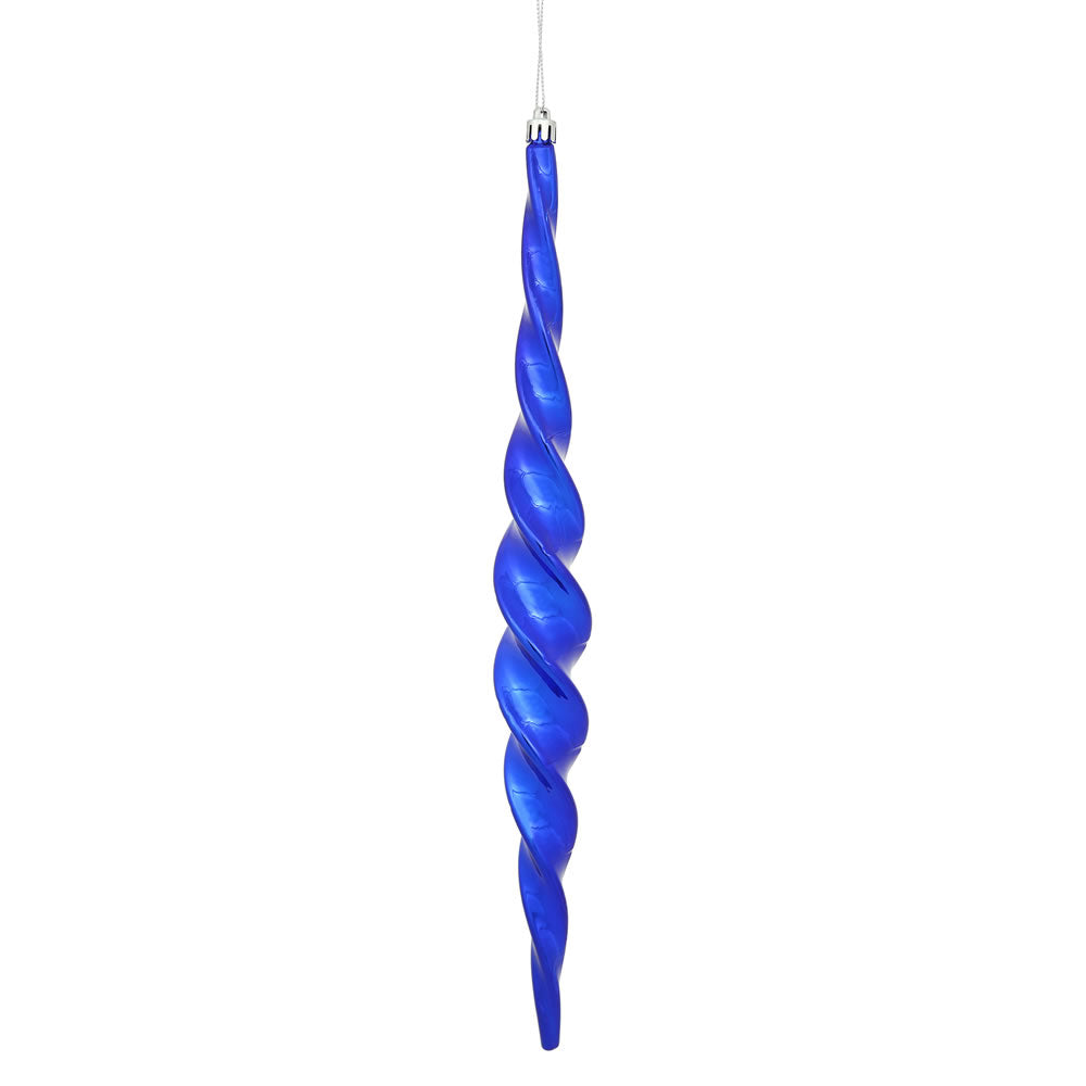 Vickerman 14.6" Cobalt Blue Shiny Spiral Icicle Ornament with drilled and wired caps. Comes 2 per Box.