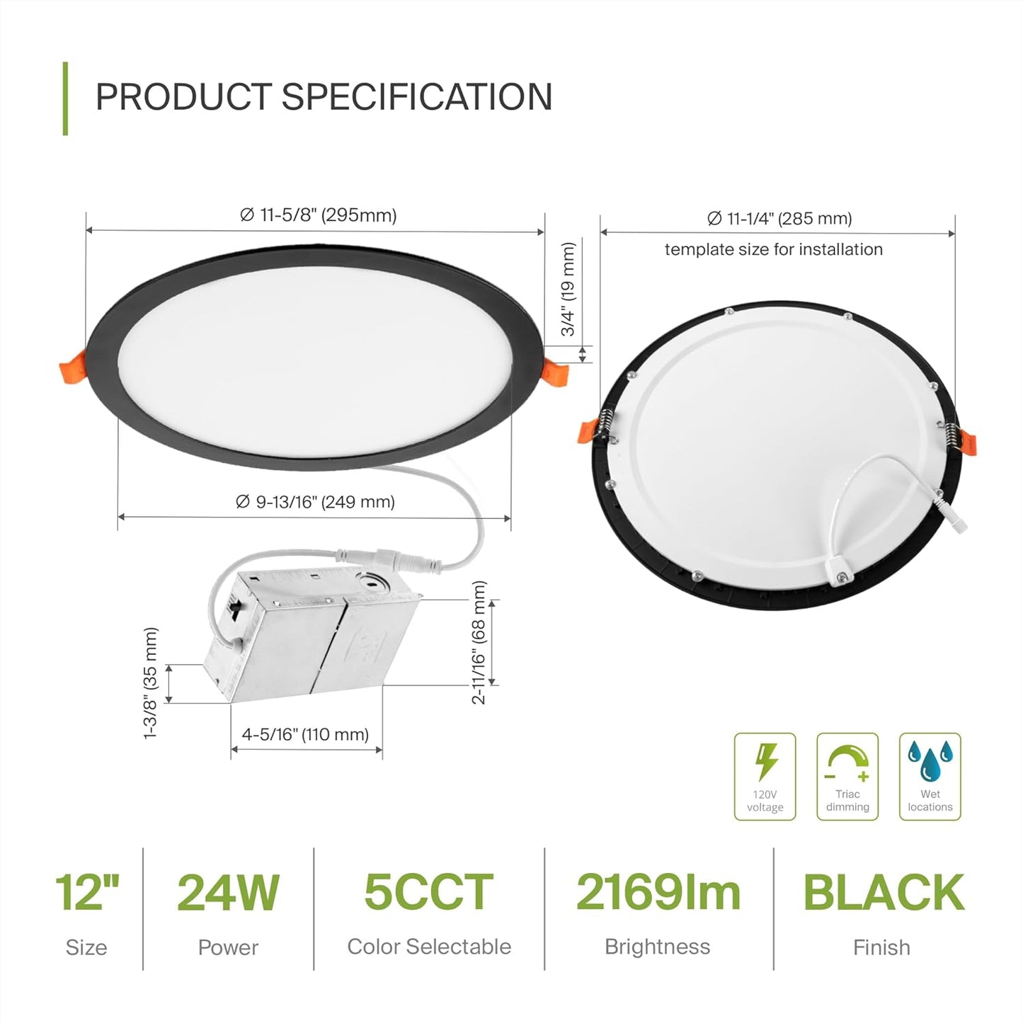ASD Lighting LED Recessed Mini Panel Round 12inch 24W 120V Triac 2700/3000/3500/4000/5000K Black UL