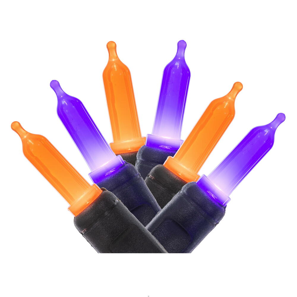 Vickerman 50 Orange-Purple T5 Mini Single Mold End-Connecting LED Light Set with 22 Gauge Black Wire, 3"x 4"x 3" Spacing, 16' Long Christmas Light Strand. This light set has the ability to connect to as many as 45 sets. 4.8 watts, .04 Amps. Color Header