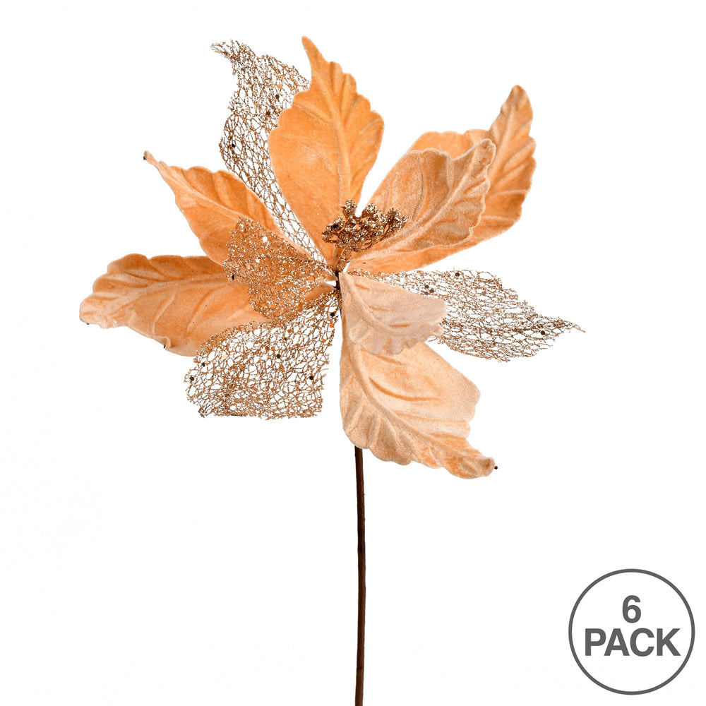 Vickerman 12" x 20" Rose Gold Velvet Poinsettia Mesh Artificial Christmas Spray. Includes 6 sprays per pack.