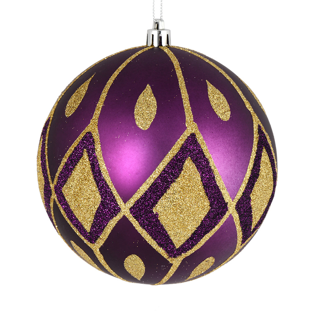 Vickerman 6" Plum Matte Ball with Glitter Diamond Pattern. Add variety and sparkle to your holiday arrangement with this matte ornament that features a glitter pattern. Includes 3 pieces per bag. Made with shatterproof plastic. Ornament has a drilled cap
