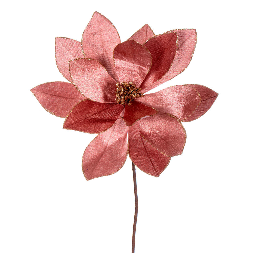 Vickerman 22" Rose Gold Velvet Sheen Glitter Trim Poinsettia Stem 4 per bag.